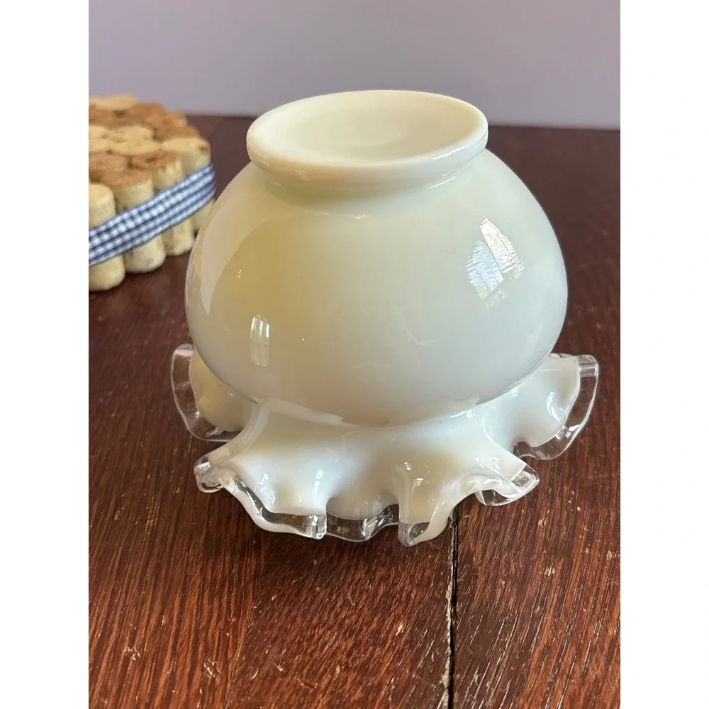 Fenton Custard Glass Rose Bowl Ruffled Rim Clear Crest Edge Vintage Art Glass